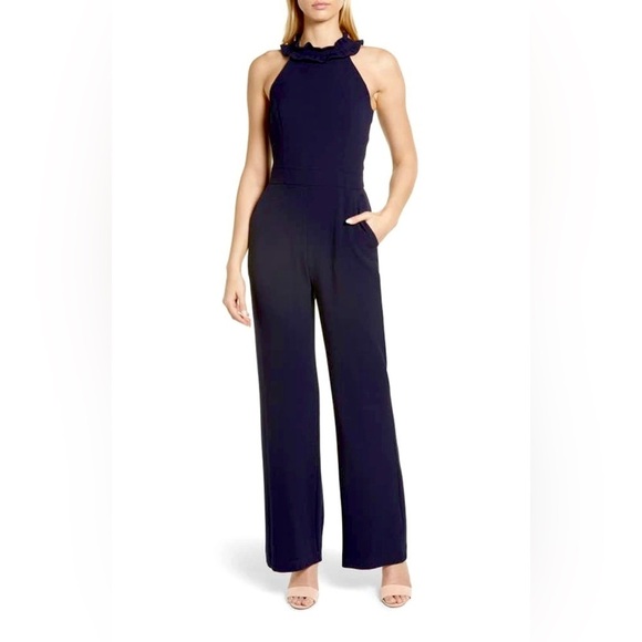 NWOT! Harper Rose Navy Ruffle Halter Neck Wide Leg Jumpsuit - Size 2💛 - Picture 1 of 7